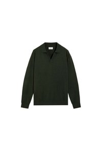 Suéter de color verde oscuro con cuello en V, mangas largas y dobladillo acanalado. Está hecho de una tela suave y texturizada con un corte relajado.
