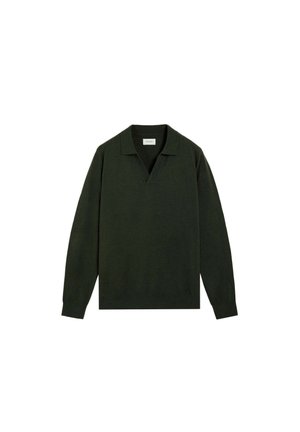 Dark green pullover sweater with a v-neck collar, long sleeves, and a ribbed hem. Made of a soft, textured fabric with a relaxed fit.