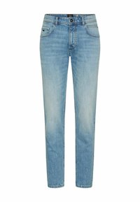 Light blue denim jeans with a straight-leg design, front pockets, belt loops, and minimal fading. Classic button and zip fly closure.