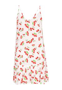 Vestito bianco senza maniche con stampa di ciliegie in rosso e verde. Orlo svasato con dettaglio di volant nella parte inferiore. Tessuto leggero.