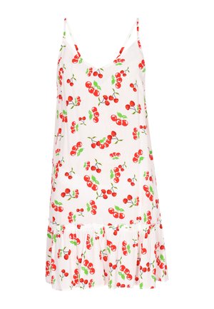 Bela brezrokavna obleka z motivom višenj v rdeči in zeleni barvi. Obešeni spodnji rob z naborom. Lahka tkanina.