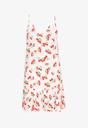 Valge ilma varrukateta kleit, millel on punase ja rohelise kirsi muster. Laienev alumine serv koos rüsi detailiga. Kerge kangas.