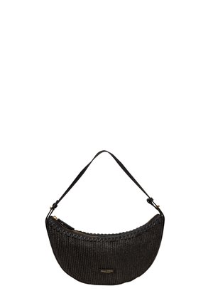 Sac à épaule tissé noir en forme de demi-lune avec bandoulière en cuir, fermeture éclair dorée et petite plaque avec le logo Marc O'Polo à l'avant.