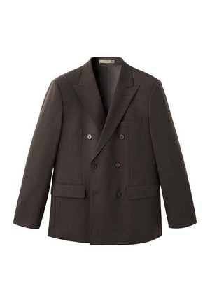 Double-breasted brown blazer made of smooth fabric, featuring two front pockets and notched lapels, with a structured silhouette.