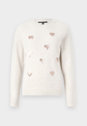 Light beige sweater with a crew neck, featuring nine metallic heart-shaped sequins in rose gold. Ribbed cuffs and hem, soft texture.