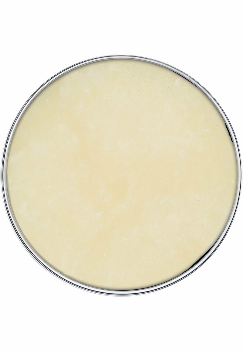 Runder Metallteller mit einer glatten, blassgelben Oberfläche und einem polierten Silberrand. Die Textur wirkt glänzend und gleichmäßig.