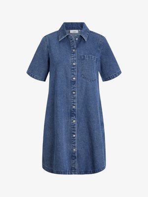 Jeansklänning, korta ärmar, knappframslutning, krage, bröstficka, medelblå färg med ljusare sömmar och avslappnad passform.