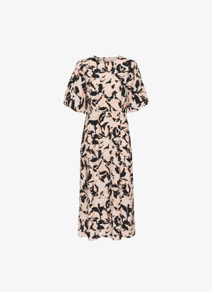 Floral-patterned dress in shades of black, peach, and cream. Features short puff sleeves and a knee-length A-line silhouette. Soft fabric texture.
