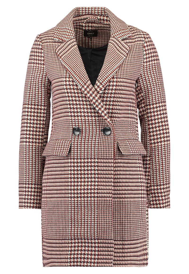 Blazer long femme croisé avec motif pied-de-poule rouge, blanc et noir et deux poches avant à rabat.