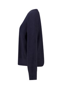 Navy knitted sweater with a relaxed fit, featuring ribbed cuffs and hem. The textured fabric has vertical lines and a slight stretch.