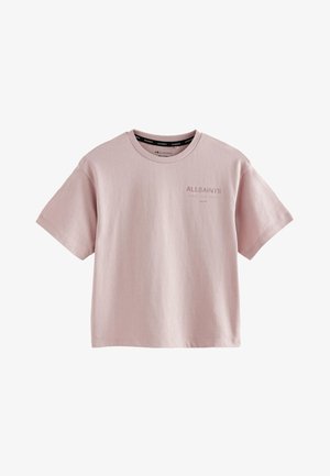 Hellrosa kurzärmeliges Baumwoll-T-Shirt mit Rundhalsausschnitt und „ALLSAINTS“-Logo auf der oberen linken Brust gedruckt.