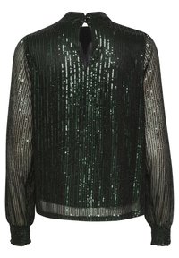 Green sequined blouse with a sheer back, long sleeves, and a keyhole neckline. Features gathered cuffs and a textured, shimmering surface.