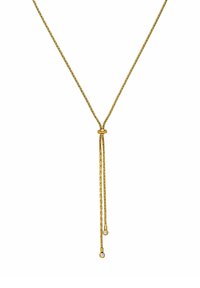 Goldene Halskette mit einer gedrehten Kette, die ein Sliderknotendesign aufweist. Zwei Enden fallen mit kleinen runden Akzenten, die jeweils einen klaren Edelstein halten.