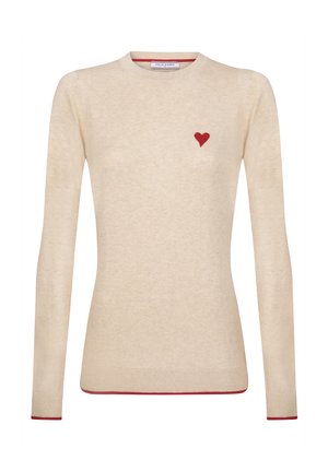 Beige gestrickter Pullover mit langen Ärmeln, rotem Herzstickerei auf der Brust und rotem Besatz am Ausschnitt und Saum. Weicher Stoff.