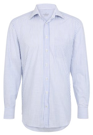 Herren-Langarmhemd mit durchgehender Knopfleiste, hellblauen und weißen vertikalen Streifen und Brusttasche.