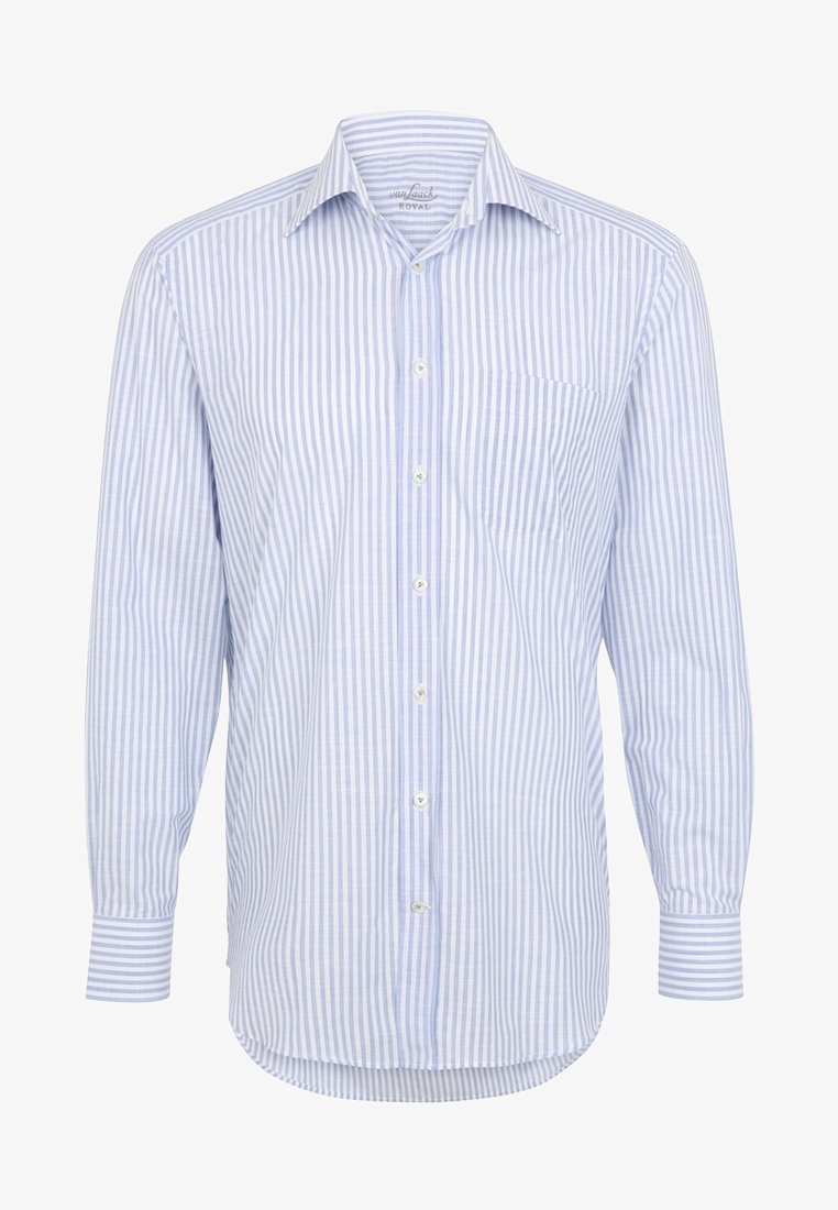 Chemise pour homme à manches longues avec boutons, rayures verticales bleu clair et blanches, et une poche poitrine.