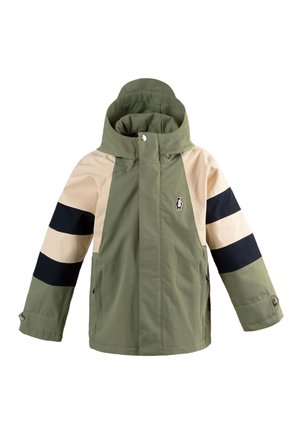 Veste à capuche pour enfants avec corps vert olive, manches supérieures beige et rayures noires sur les bras, arborant un petit logo pingouin sur la poitrine.