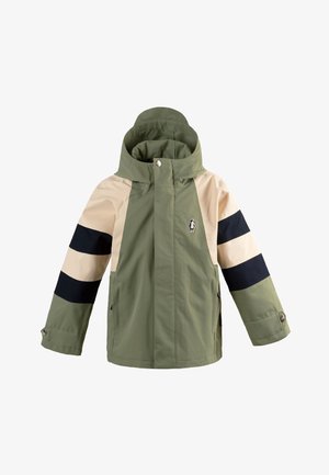 Kinders hooded jack met een olijfgroene romp, beige bovenarmen en zwarte strepen op de armen, met een klein pinguïnlogo op de borst.