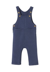 Marineblaue Latzhose für Kleinkinder mit Knopfträgern, Vordertaschen und umgeschlagenen Hosenbeinen, aus weichem Stoff gefertigt.