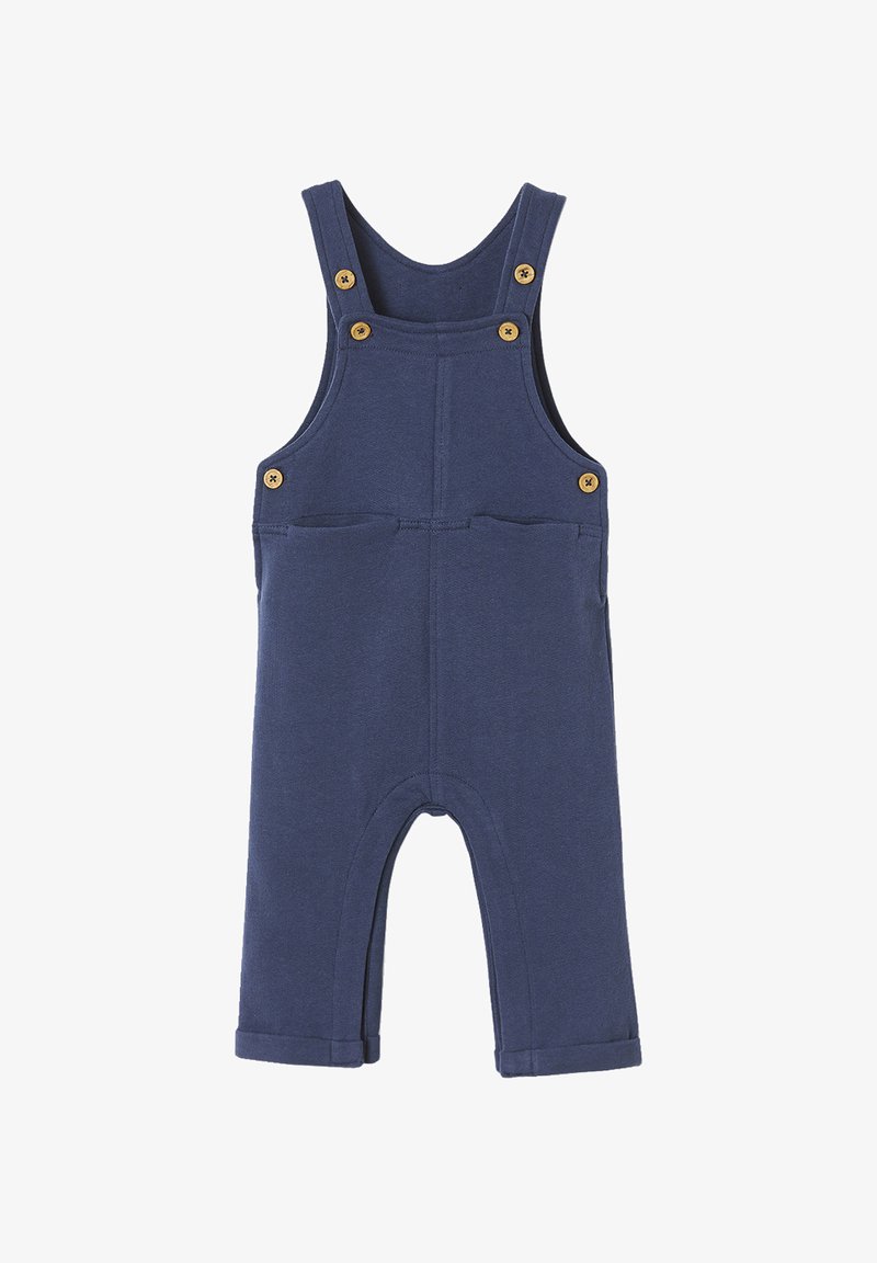Marineblaue Latzhose für Kleinkinder mit Knopfträgern, Vordertaschen und umgeschlagenen Hosenbeinen, aus weichem Stoff gefertigt.