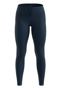 Leggings bleu marine en matériau extensible, présentant une coupe slim, une taille haute et un minimum de marquage sur la cuisse gauche.