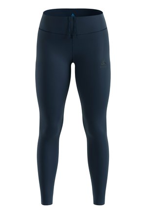 Marineblaue Leggings aus dehnbarem Material, mit schmaler Passform, hohem Bund und minimalem Branding am linken Oberschenkel.