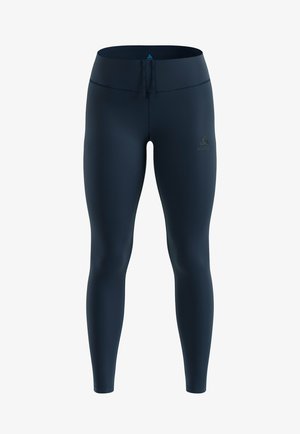 Marineblaue Leggings aus dehnbarem Material, mit schmaler Passform, hohem Bund und minimalem Branding am linken Oberschenkel.