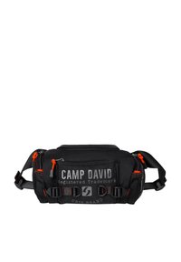 Black fabric fanny pack featuring multiple zippered compartments, prominent "CAMP DAVID" logo, orange accents, and adjustable straps.