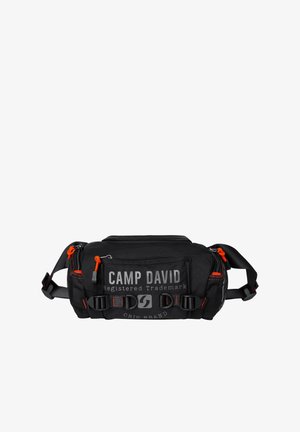 Black fabric fanny pack featuring multiple zippered compartments, prominent "CAMP DAVID" logo, orange accents, and adjustable straps.
