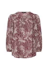 Blusa floreale borgogna con maniche lunghe, scollatura arricciata, motivo floreale crema, tessuto morbido e polsini elastici.