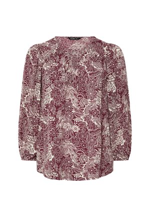 Bordeaux bloemenblouse met lange mouwen, geplisseerde halslijn, crèmekleurig bloemenpatroon, zachte stof en elastische manchetten.