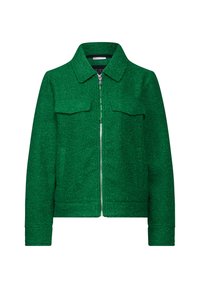 Grön zip-up-jacka i texturerad tyg. Har två bröstfickor och krage. Strukturerad passform med långa ärmar, utan synliga utsmyckningar.