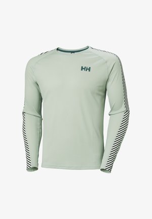 Jasnozielona koszula z długim rękawem i okrągłym dekoltem, z teksturowanym materiałem i czarnymi poziomymi paskami na rękawach. Logo na klatce piersiowej.