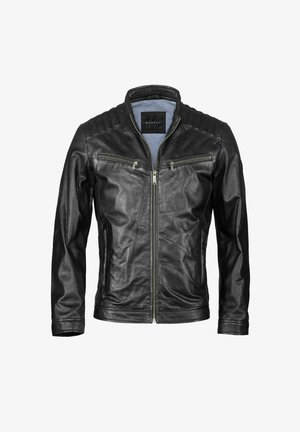 Schwarze Lederjacke mit Reißverschluss vorne, zwei aufgesetzten Reißverschlusstaschen auf der Brust und strukturierten Schulterdetails. Glatte Oberfläche mit Stehkragen.