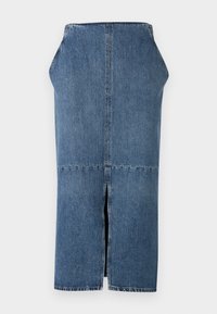 Denim midi sukně se střihem do A, světle modré barvy, s rozparkem vzadu a švy. Materi�ál je pevný s hladkou texturou.