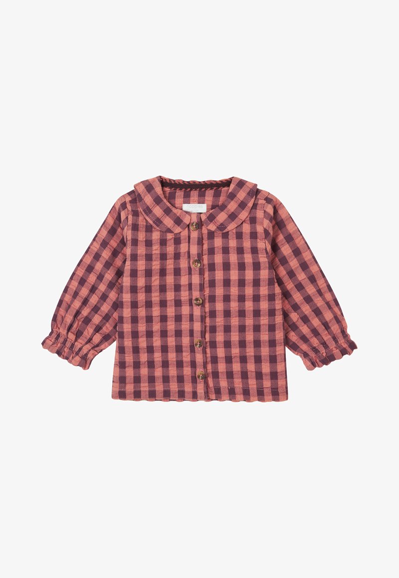 Short-sleeve, button-down shirt in salmon and plum check pattern, featuring a rounded collar and gathered cuffs on the sleeves.