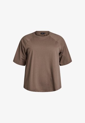 Bruine t-shirt met korte mouwen van zacht materiaal, met een ronde halslijn en raglanmouwen, met een losse, ontspannen pasvorm.