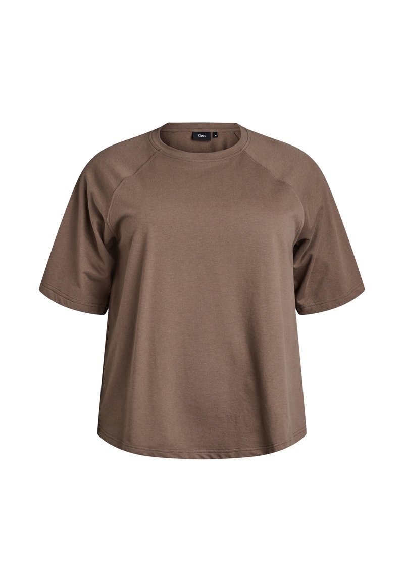 Brown short-sleeved t-shirt made of soft material, featuring a round neckline and raglan sleeves, with a loose, relaxed fit.
