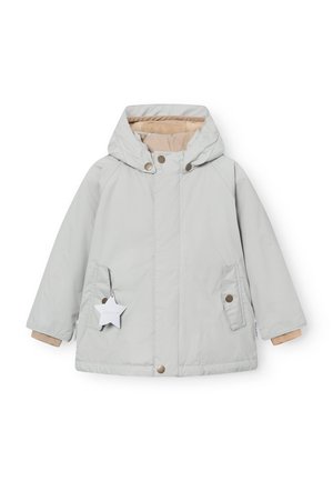 Light grey, padded jacket with a hood, featuring snap buttons, side pockets, and beige interior lining. Includes a star-shaped tag.