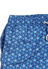 Pantaloni da bagno blu con motivo di stelle marine in diverse tonalità di blu, dotati di una vita elasticizzata e chiusura con coulisse. Tessuto morbido al tatto.