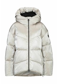 Zilveren geïsoleerde pufferjack met hoge kraag, getextureerde binnenvoering, ritsluiting en groot gewatteerd design. Voorzien van zijvakken.