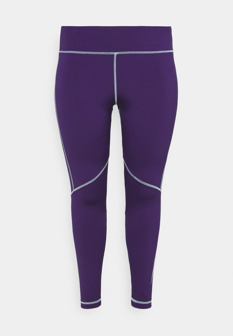 Fialové sportovní legíny s hladkým materiálem, zdobené šedým švem a akcenty z panelů podél nohavic. Navrženo pro aktivní nošení.