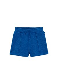 Texturált anyagú, függőleges csíkos kék rövidnadrág, rugalmas derékkal és két oldalsó zsebbel.