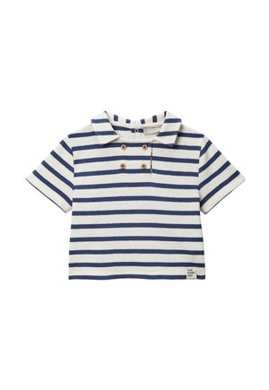 T-shirt à manches courtes pour tout-petit avec des rayures horizontales bleu marine et blanc et quatre boutons marron près du col.