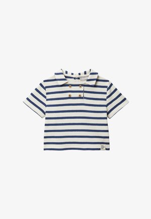 T-shirt à manches courtes pour tout-petit avec des rayures horizontales bleu marine et blanc et quatre boutons marron près du col.