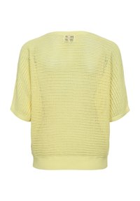 Pull tricoté jaune à manches courtes avec motif en maille ajourée et ourlet côtelé, vu de dos.