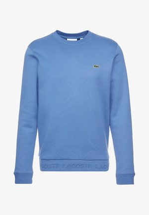 Sudadera azul claro hecha de una mezcla de algodón, con un escote redondo, puños y dobladillo acanalados, y un logo bordado en verde en el pecho.