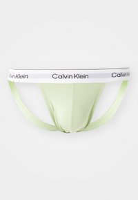Slip Calvin Klein verde chiaro con elastico bianco che presenta testo del logo nero, progettato con una forma minimalista e una texture liscia.