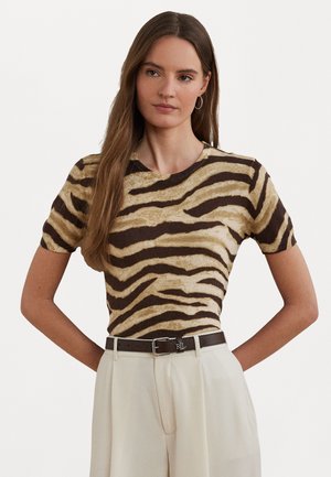 Print Linen Cotton Short Sleeve Sweater - T-shirts med print - mascarpone cream/brown