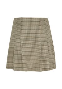 Jupe à motif pied-de-coq beige et vert foncé, avec une forme évasée et un design plissé. Fabriquée en tissu texturé.